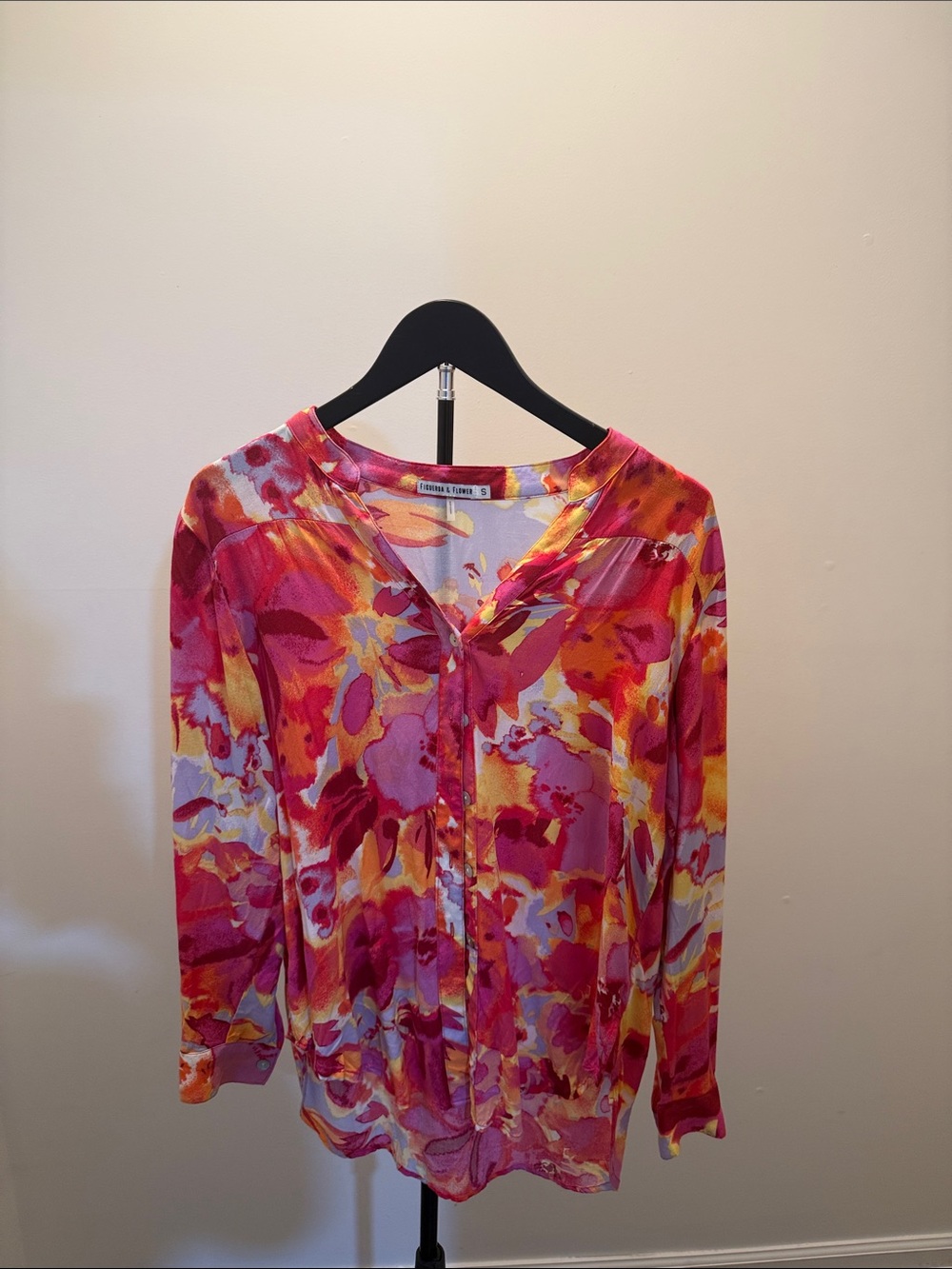 V-Neck Floral Satin Blouse in Pink & Yellow